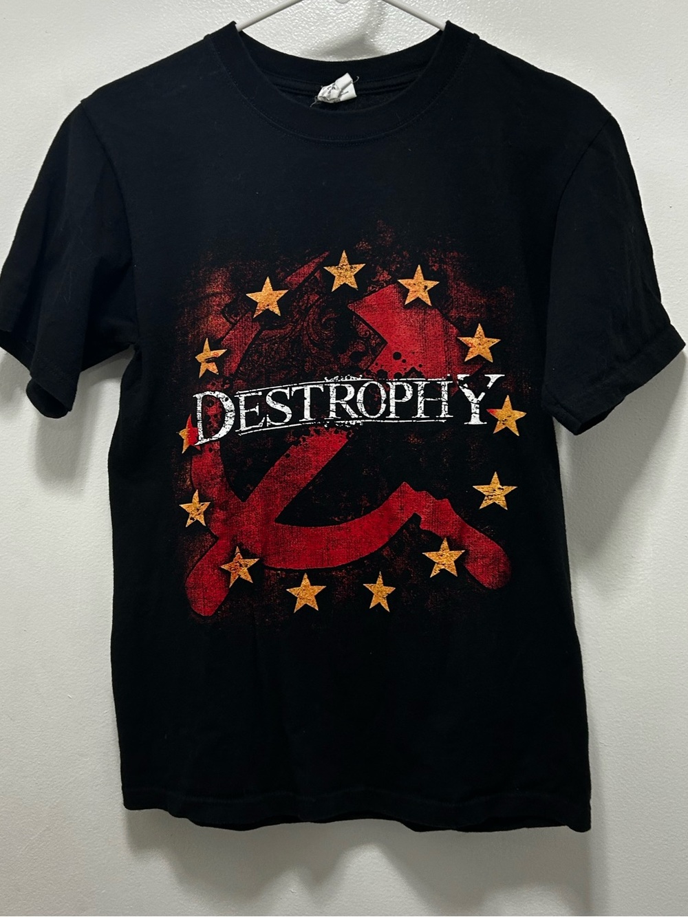 Anvil Black T-Shirt with Red Graphic and Gold Stars - DESTROPHY